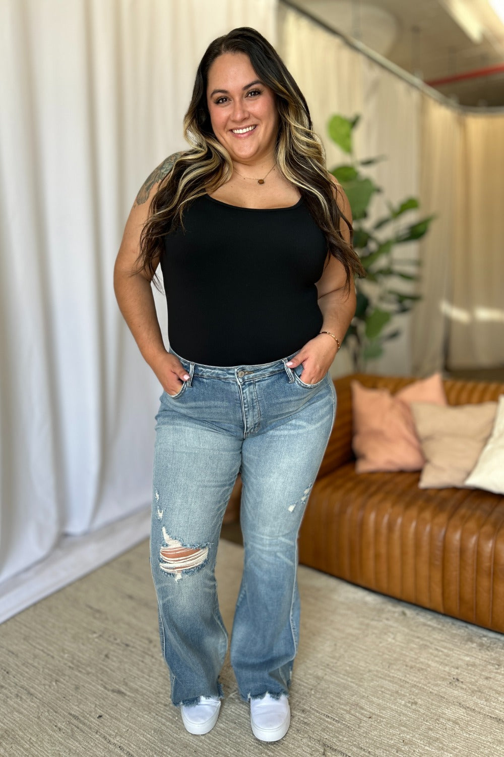Judy Blue Full Size Medium Rise Tummy Control Destroy Flare - Beautifeye Boutique