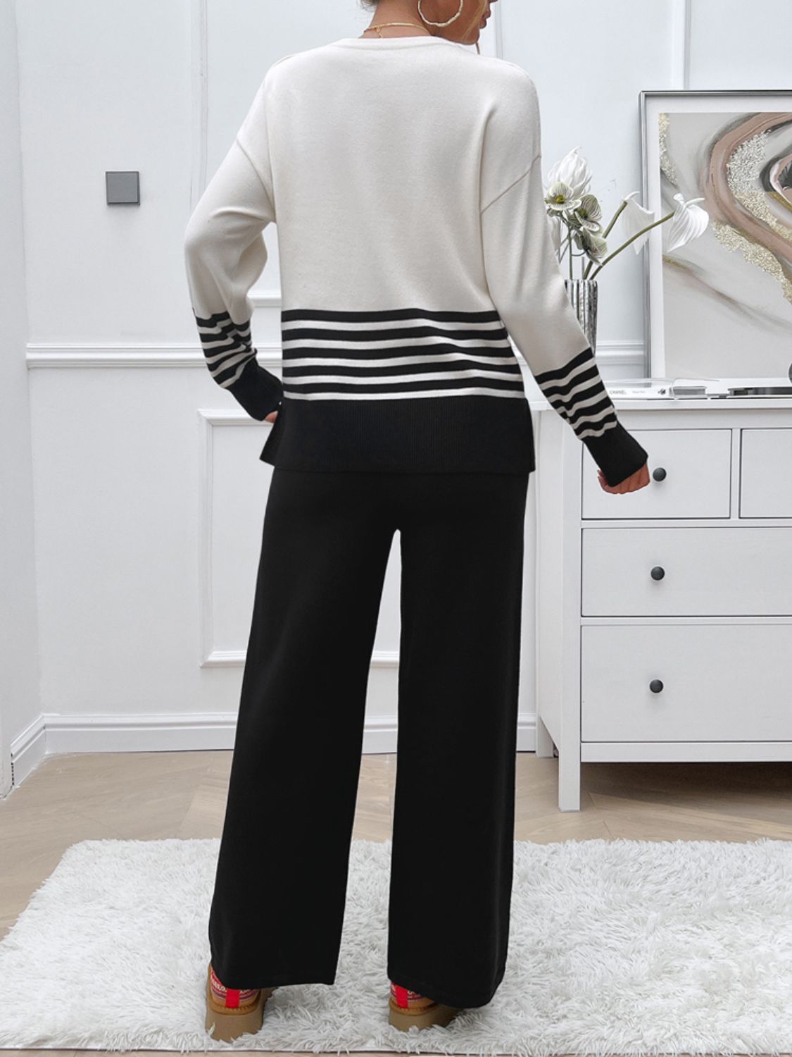 Devine Slit Striped Round Neck Top and Pants Sweater Set Trendsi
