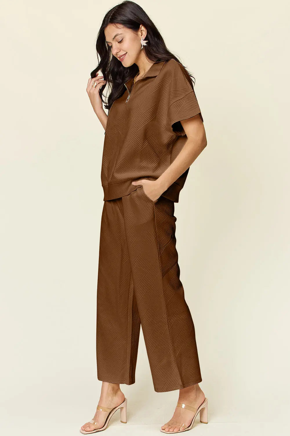 Double Take Full Size Texture Half Zip Short Sleeve Top and Pants Set - Beautifeye Boutique