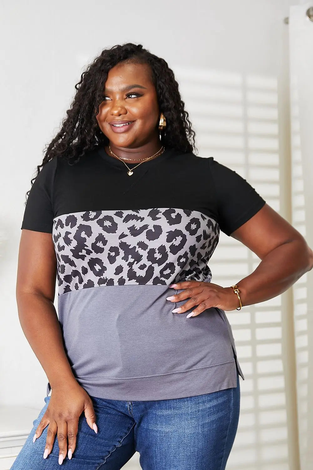 Double Take Leopard Print Color Block Short Sleeve T-Shirt - Beautifeye Boutique