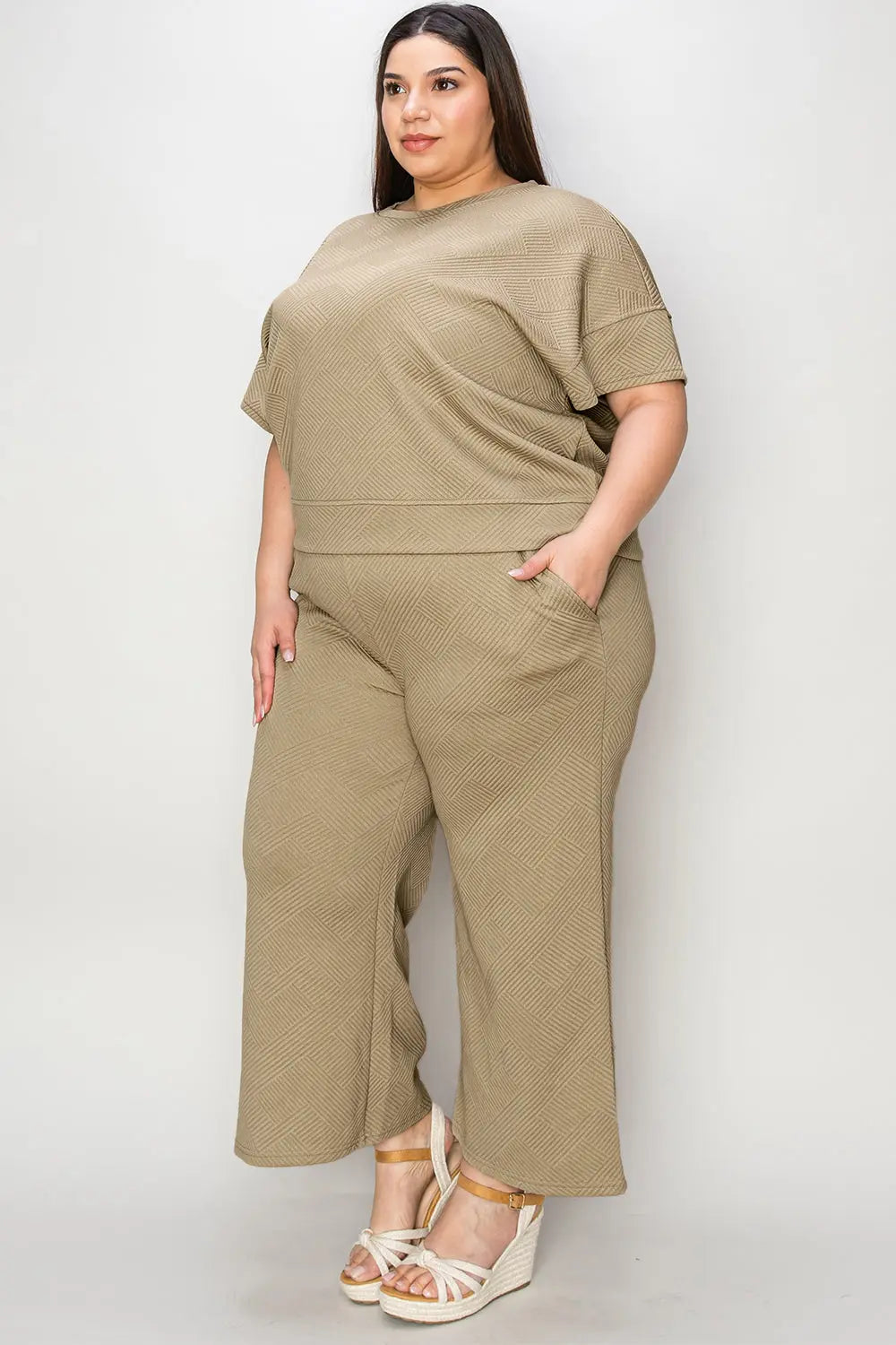 Double Take Full Size Texture Short Sleeve Top and Pants Set - Beautifeye Boutique
