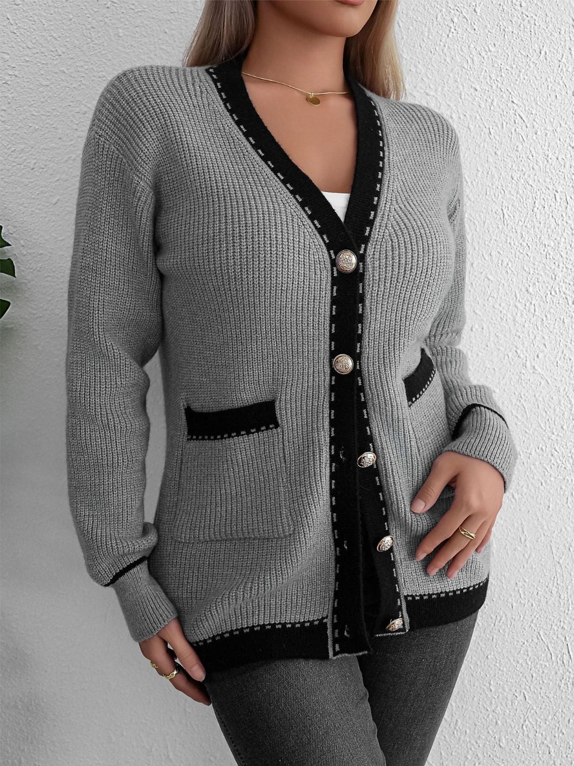 Contrast Trim Button Up Long Sleeve Cardigan - Beautifeye Boutique