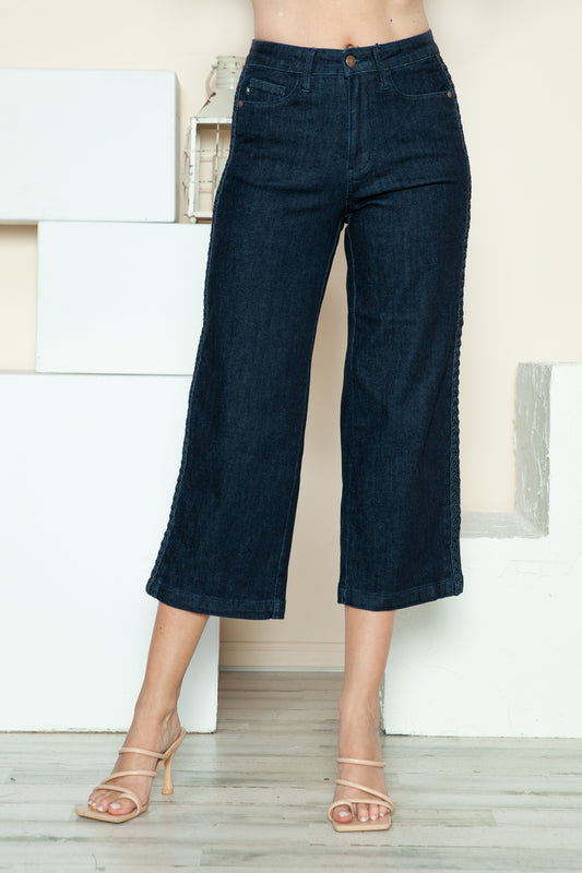 Judy Blue Full Size Side Seam Braid Detail Crop Wide Leg Jeans - Beautifeye Boutique