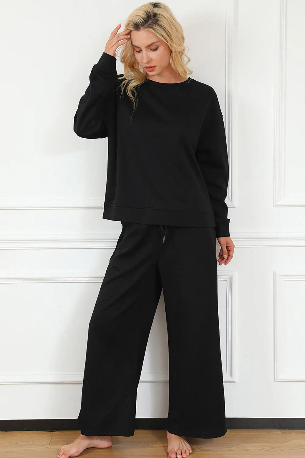 Double Take Full Size Textured Long Sleeve Top and Drawstring Pants Set - Beautifeye Boutique