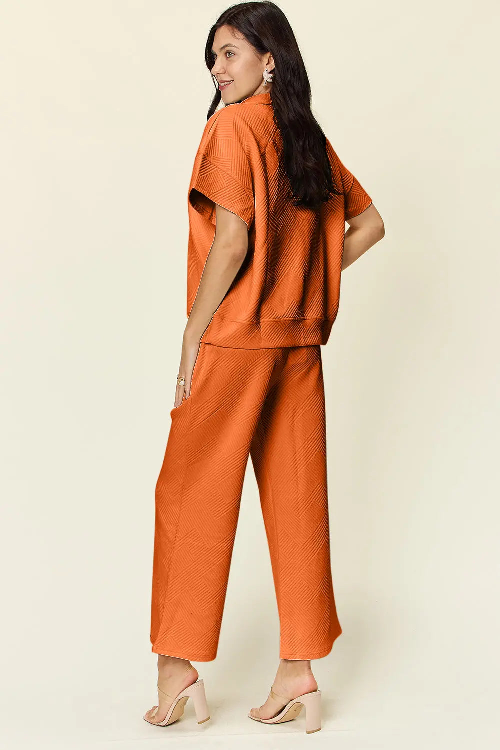 Double Take Full Size Texture Half Zip Short Sleeve Top and Pants Set - Beautifeye Boutique