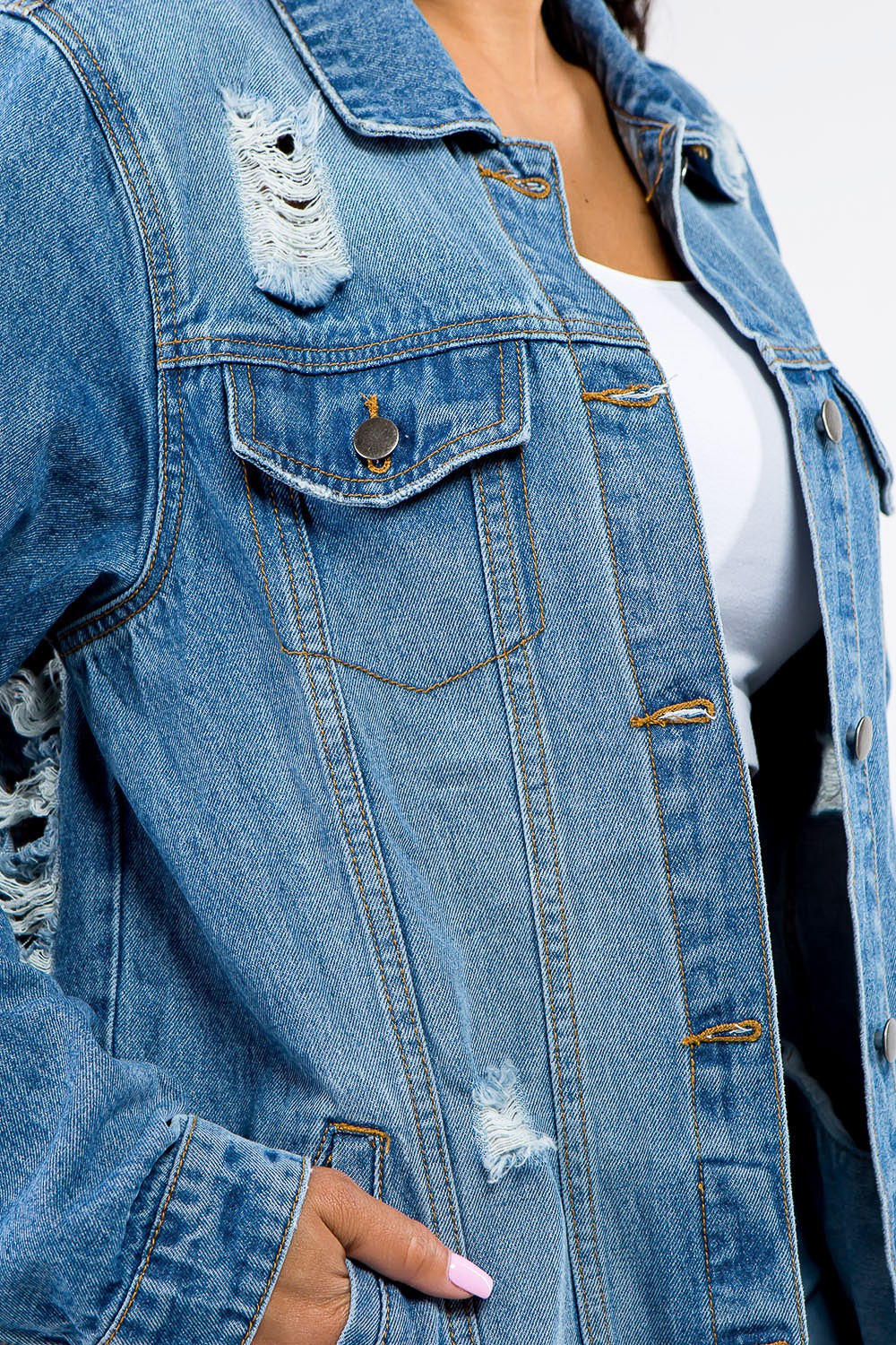 American Bazi Full Size Button Up Distressed Denim Jacket - Beautifeye Boutique