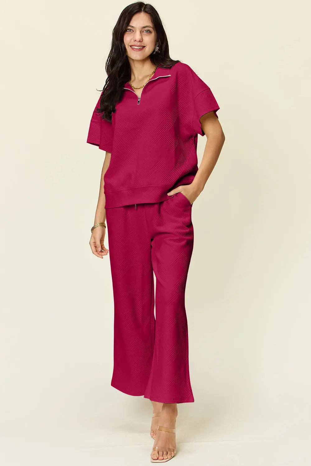 Double Take Full Size Texture Half Zip Short Sleeve Top and Pants Set - Beautifeye Boutique