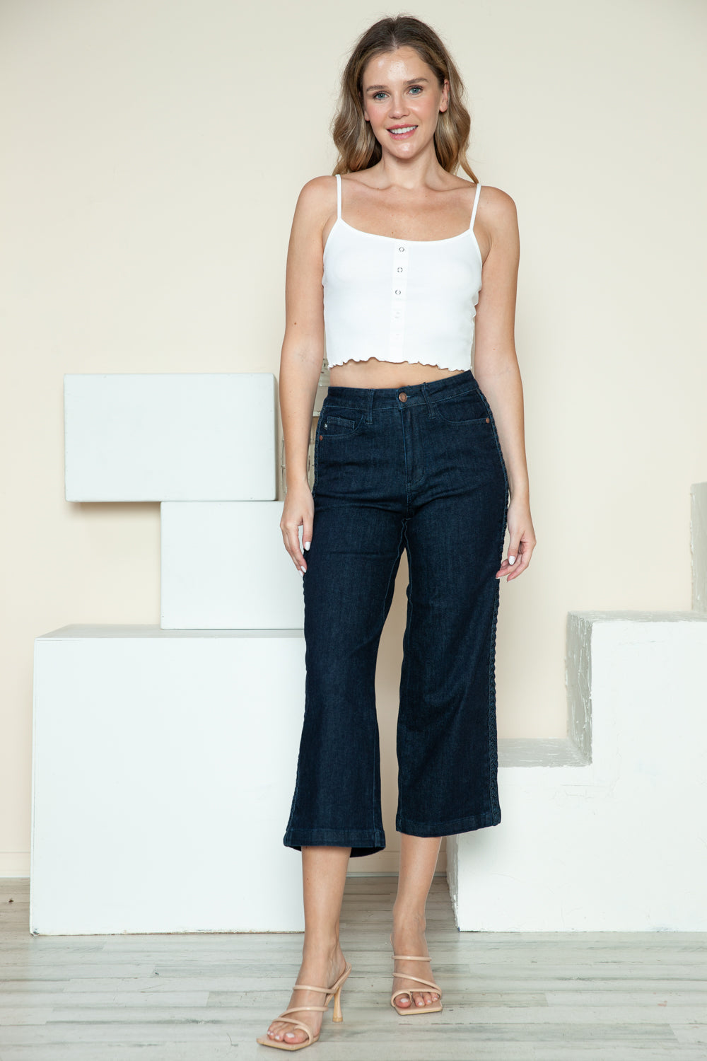 Judy Blue Full Size Side Seam Braid Detail Crop Wide Leg Jeans - Beautifeye Boutique