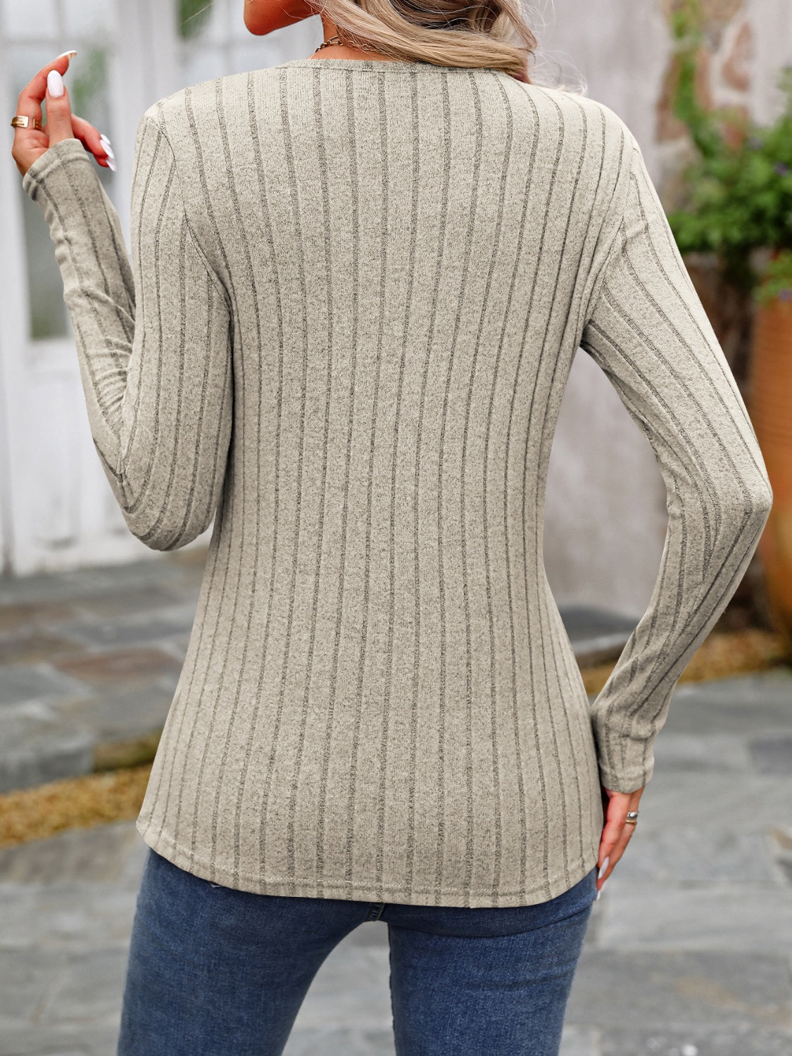Decorative Button Round Neck Long Sleeve T-Shirt - Beautifeye Boutique
