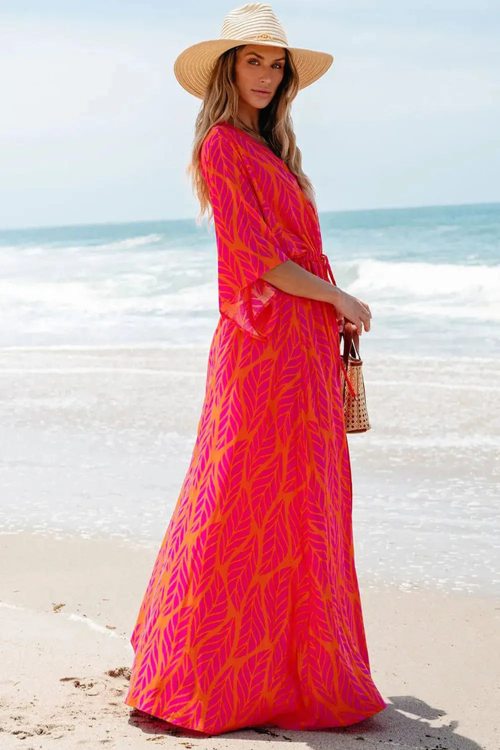 Drawstring Printed V-Neck Maxi Dress - Beautifeye Boutique