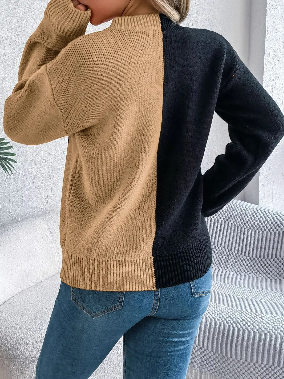 Contrast Round Neck Long Sleeve Sweater - Beautifeye Boutique