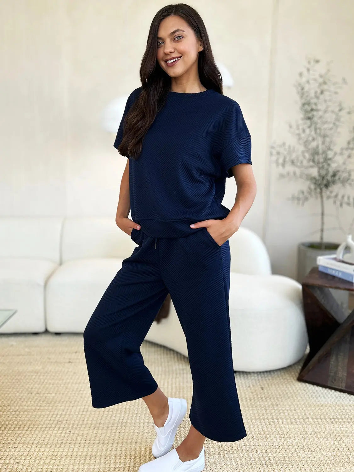 Double Take Full Size Texture Short Sleeve Top and Pants Set - Beautifeye Boutique