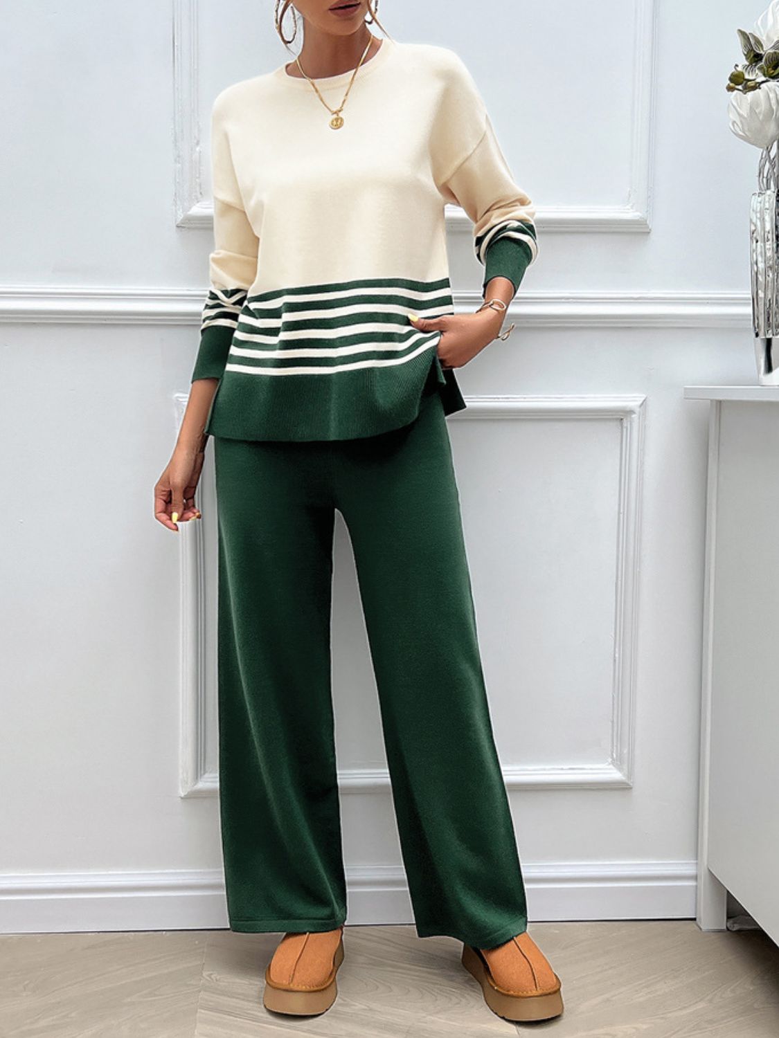 Devine Slit Striped Round Neck Top and Pants Sweater Set Trendsi
