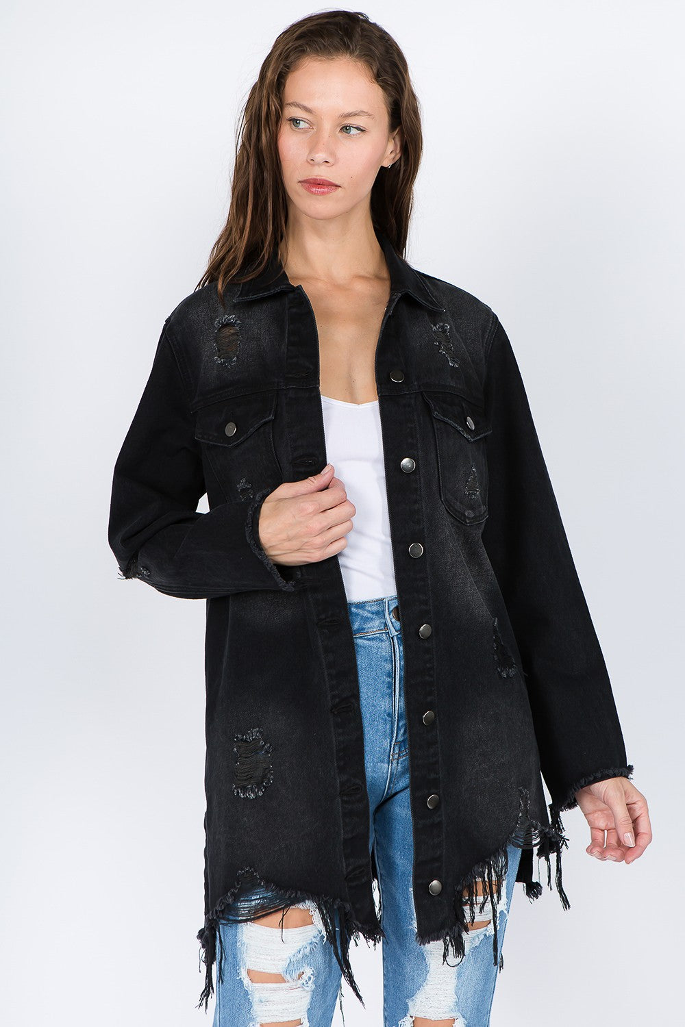 Distressed Frayed Hem Denim Jacket - Beautifeye Boutique
