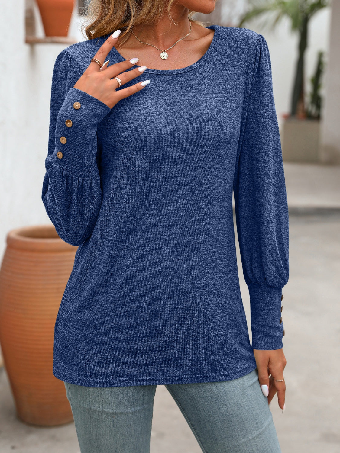 Decorative Button Round Neck Long Sleeve T-Shirt - Beautifeye Boutique