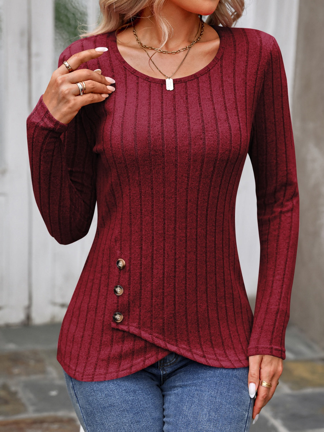 Decorative Button Round Neck Long Sleeve T-Shirt - Beautifeye Boutique
