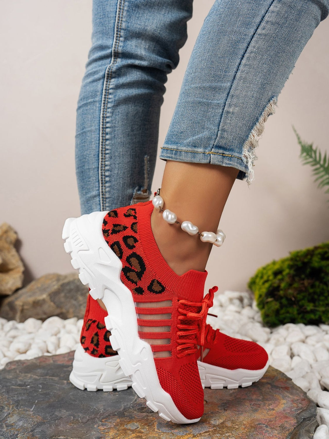 Cutout Leopard Lace Up Mesh Athletic - Beautifeye Boutique