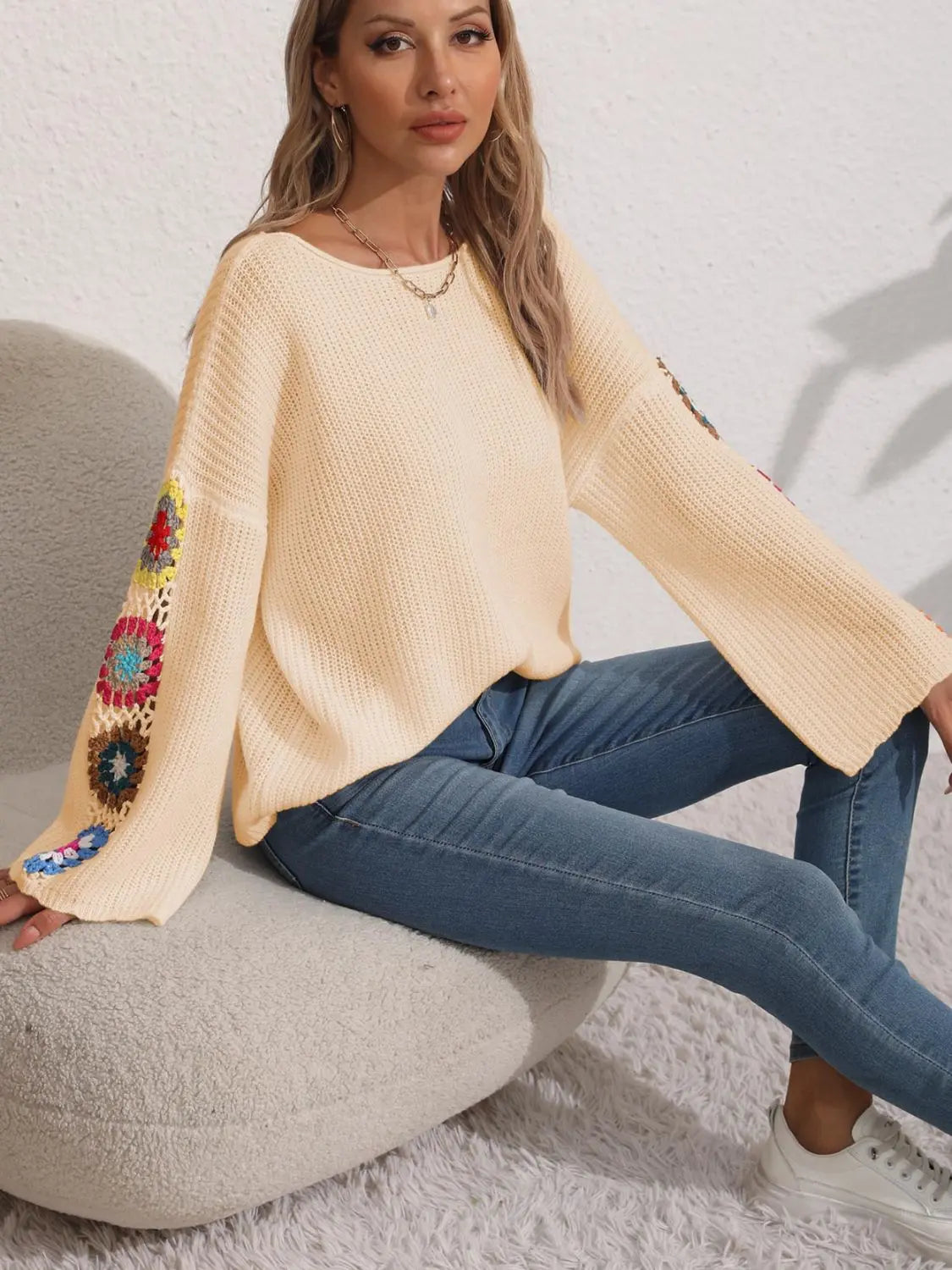 Crochet Flower Long Sleeve Sweater - Beautifeye Boutique