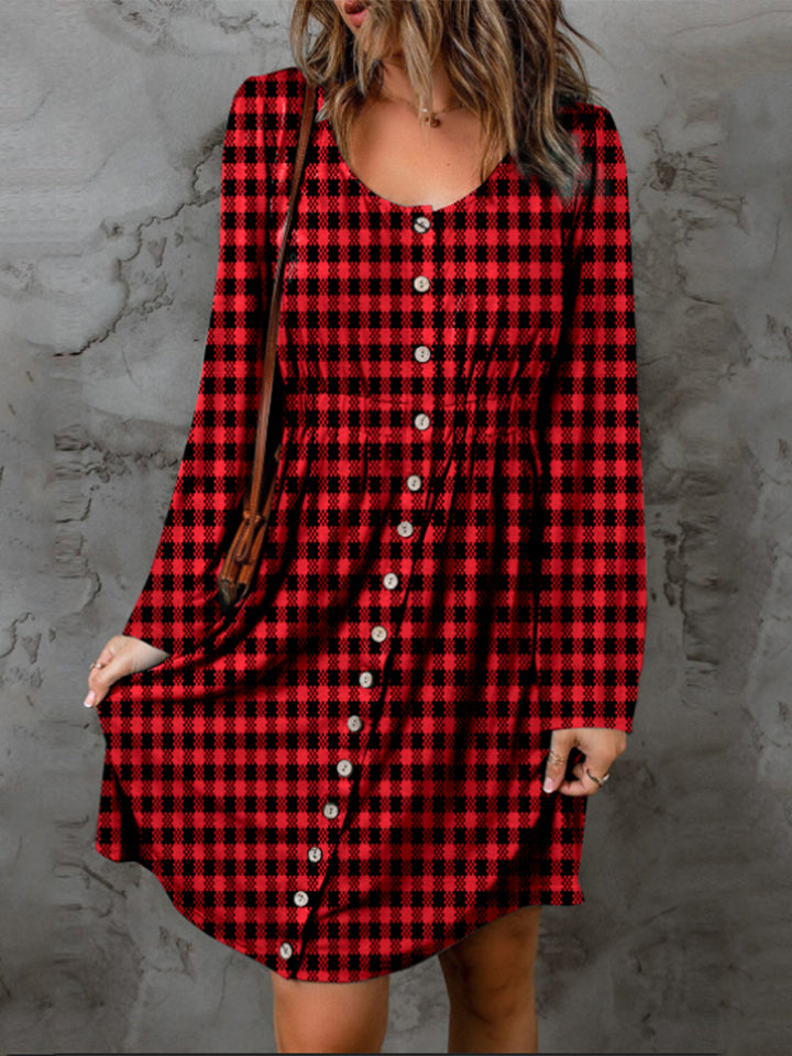 Double Take Full Size Plaid Round Neck Long Sleeve Magic Dress - Beautifeye Boutique