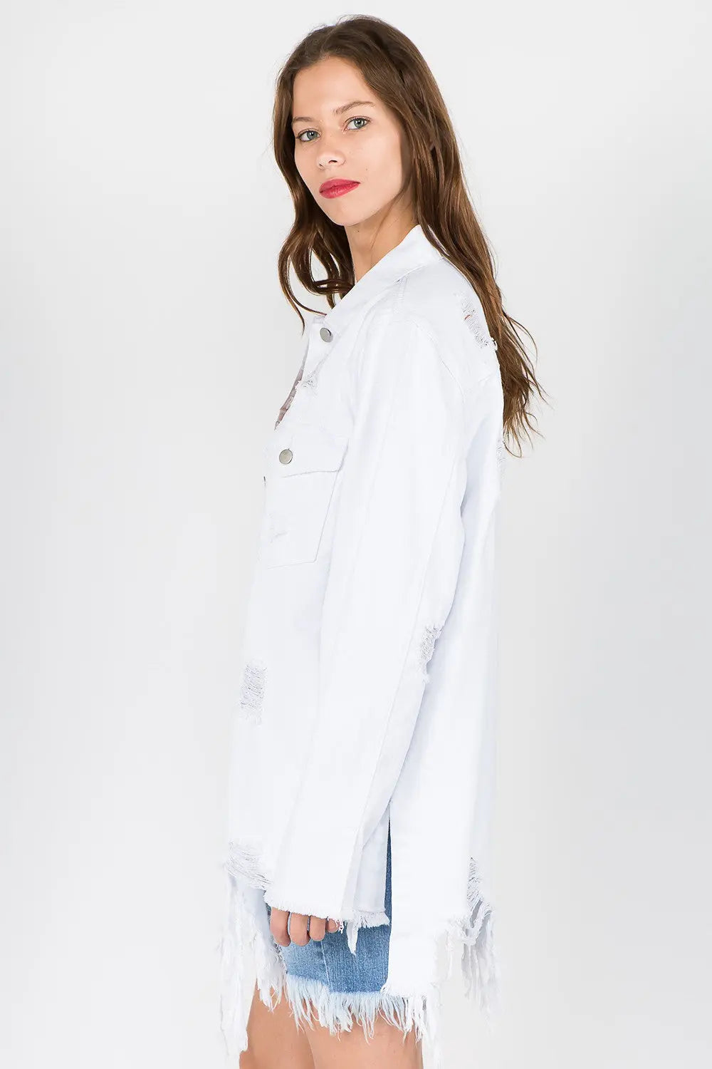 American Bazi Distressed Frayed Hem Denim Jacket - Beautifeye Boutique