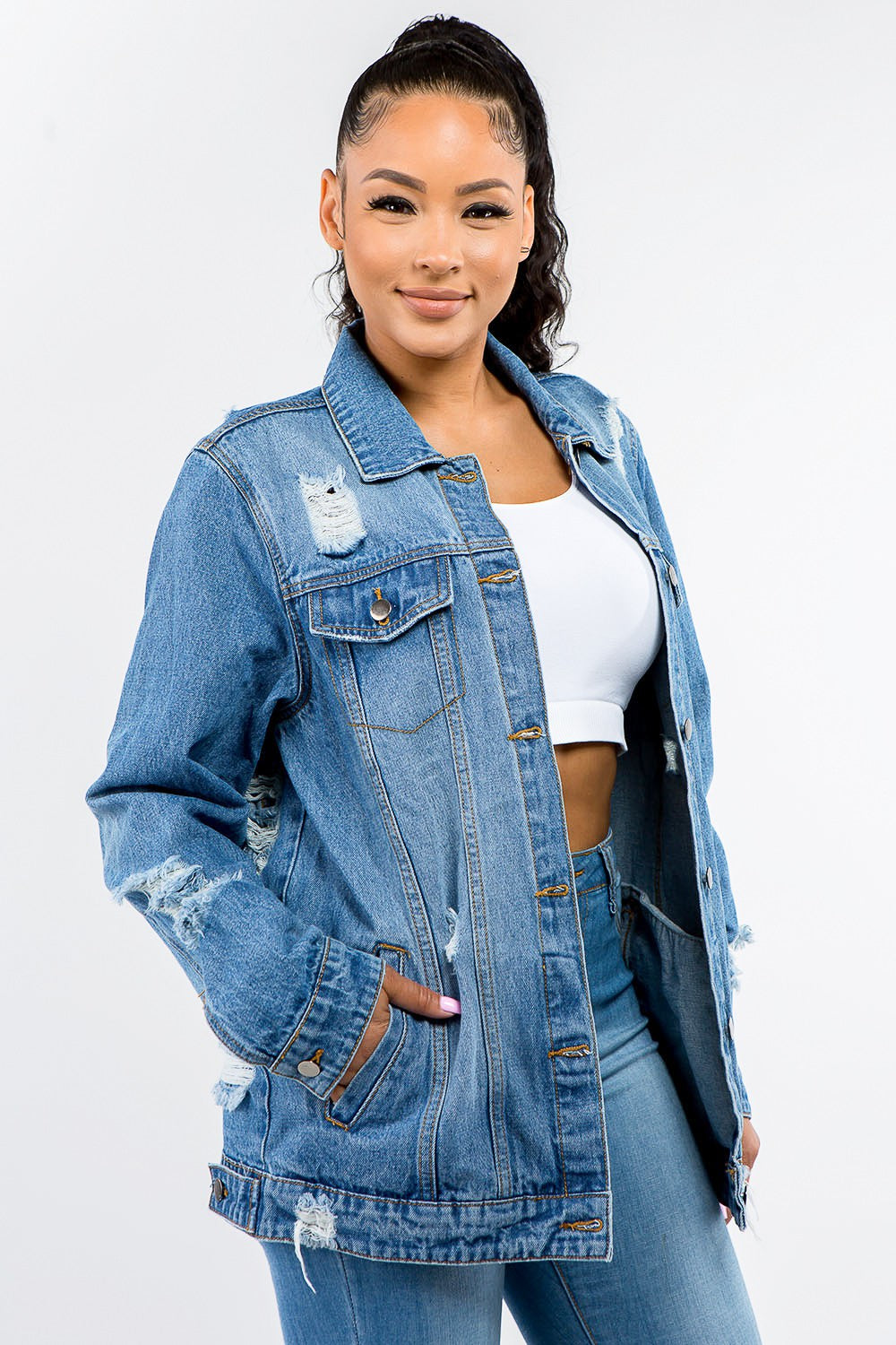 American Bazi Full Size Button Up Distressed Denim Jacket - Beautifeye Boutique