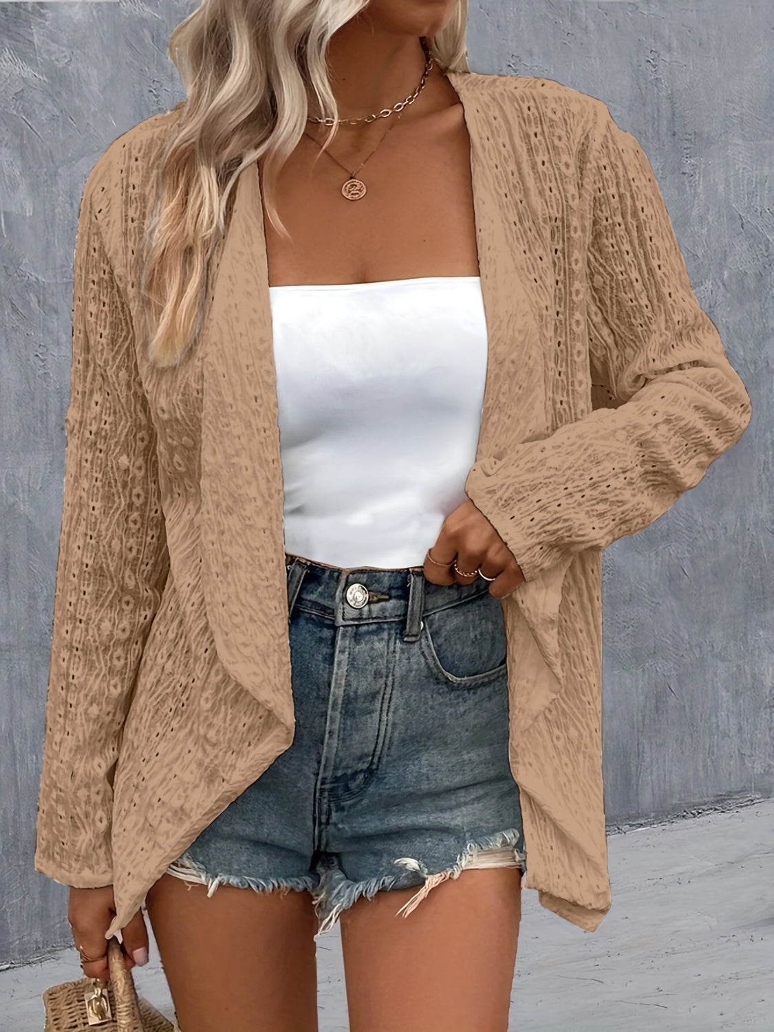 Eyelet Roll-Tab Sleeve Cardigan - Beautifeye Boutique