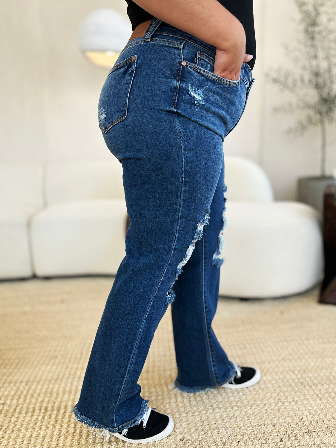 Judy Blue Full Size Mid Rise Distressed Raw Hem Jeans - Beautifeye Boutique