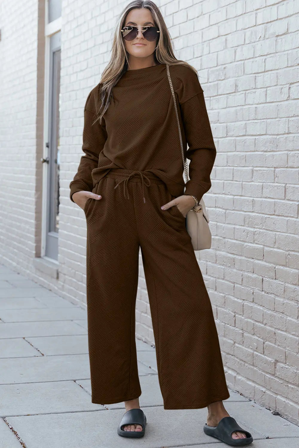 Double Take Full Size Textured Long Sleeve Top and Drawstring Pants Set - Beautifeye Boutique