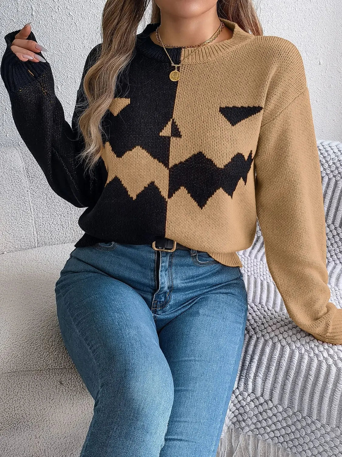 Contrast Round Neck Long Sleeve Sweater - Beautifeye Boutique
