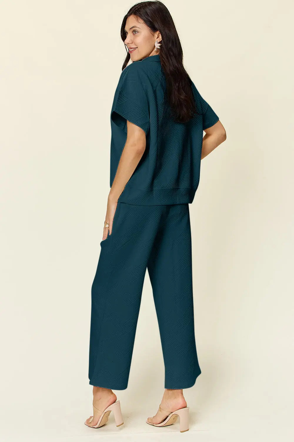 Double Take Full Size Texture Half Zip Short Sleeve Top and Pants Set - Beautifeye Boutique