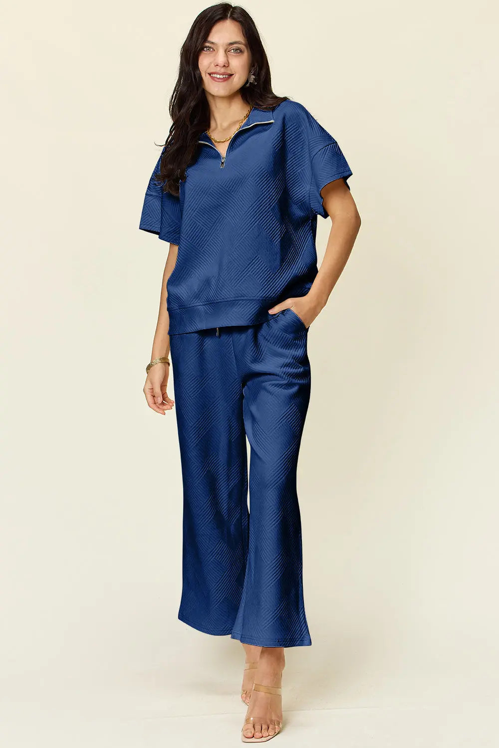 Double Take Full Size Texture Half Zip Short Sleeve Top and Pants Set - Beautifeye Boutique