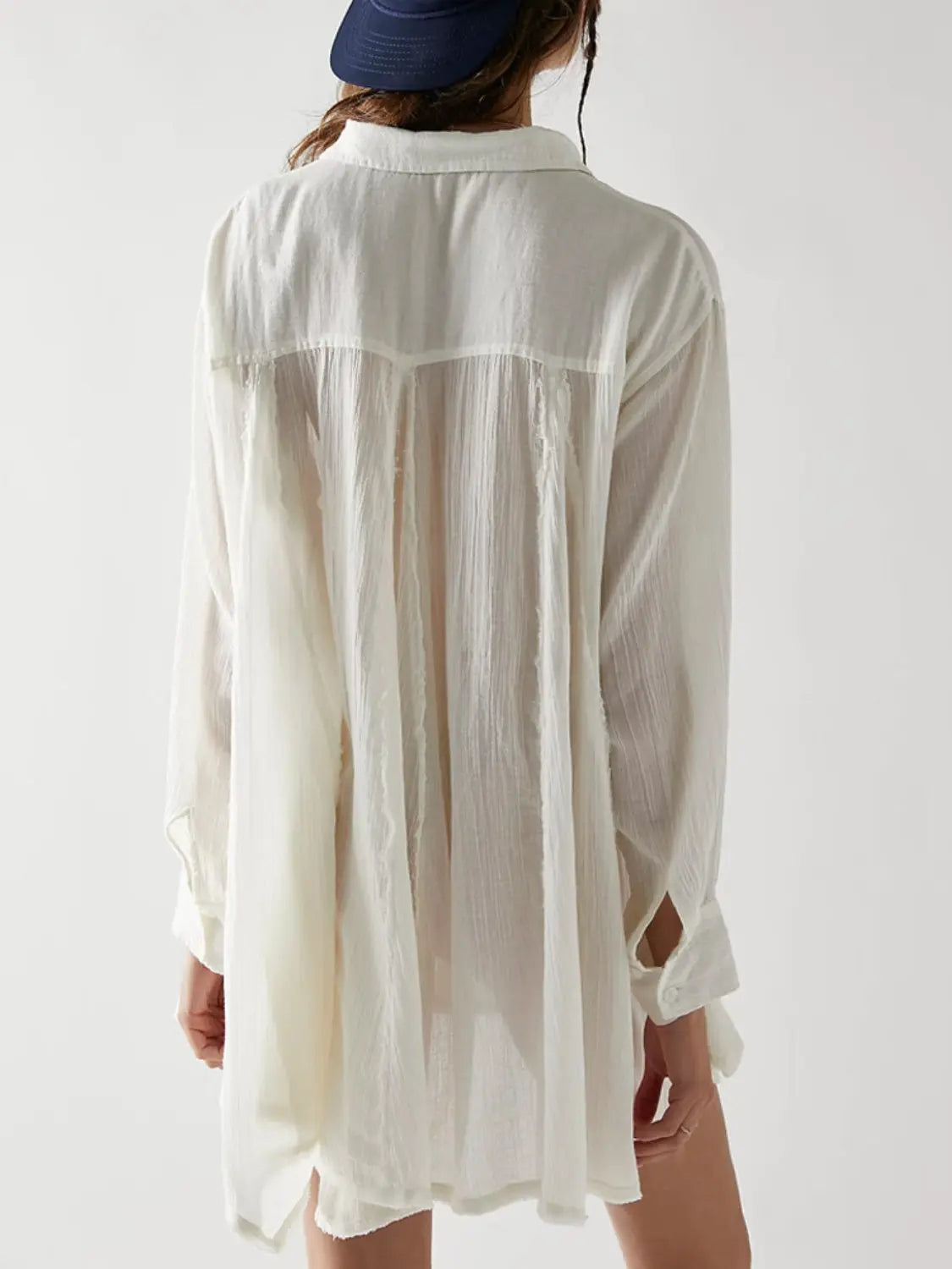 Button Up Collared Neck Long Sleeve Longline Shirt - Beautifeye Boutique
