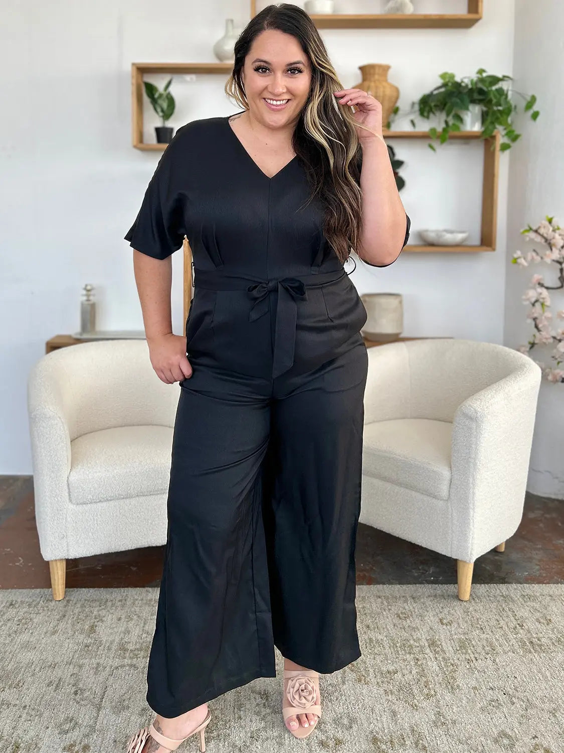 Double Take Full Size V-Neck Tied Side Slit Jumpsuit - Beautifeye Boutique