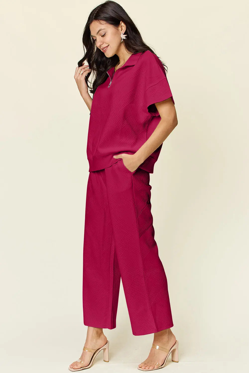 Double Take Full Size Texture Half Zip Short Sleeve Top and Pants Set - Beautifeye Boutique