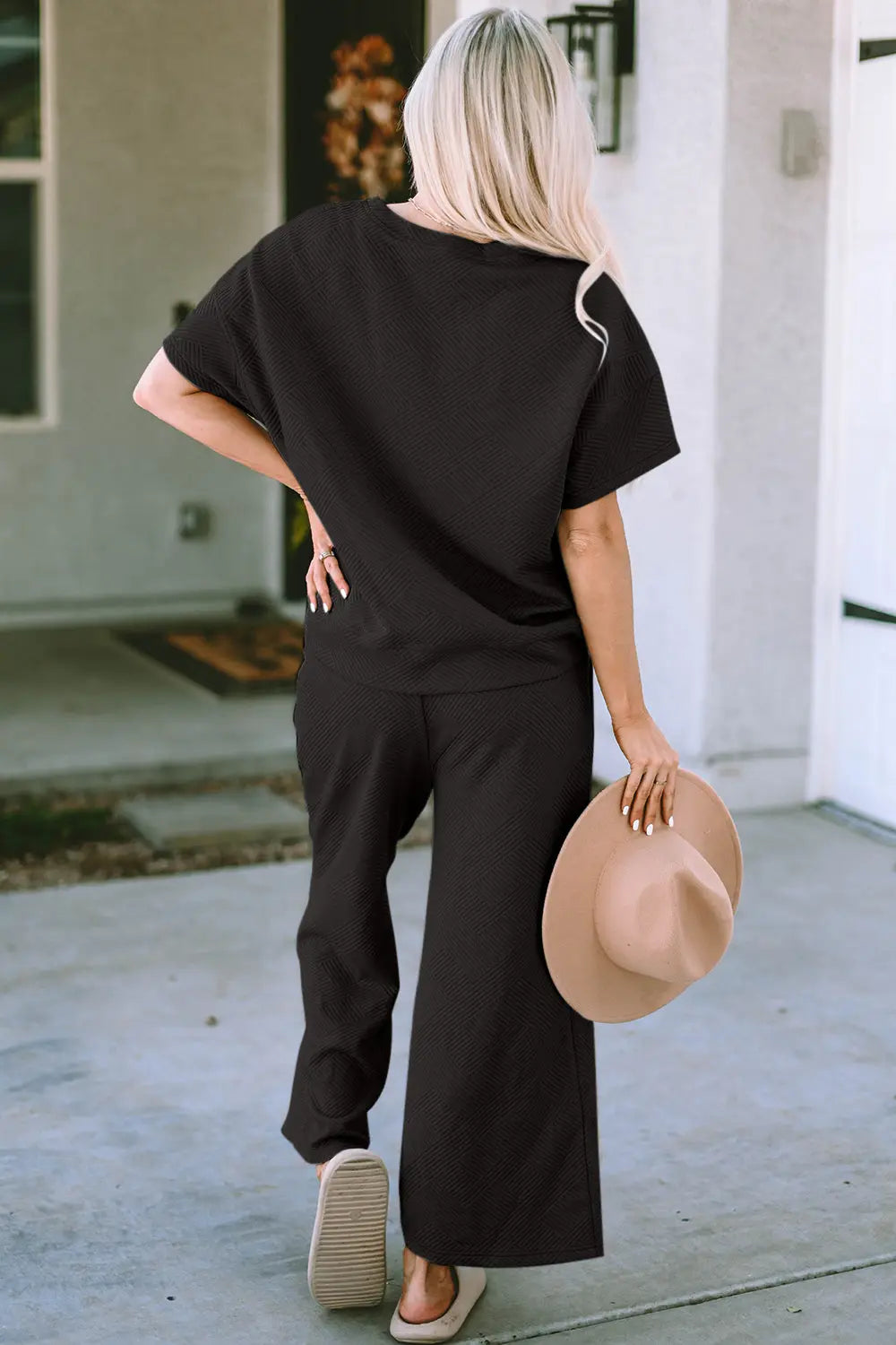 Double Take Full Size Texture Short Sleeve Top and Pants Set - Beautifeye Boutique