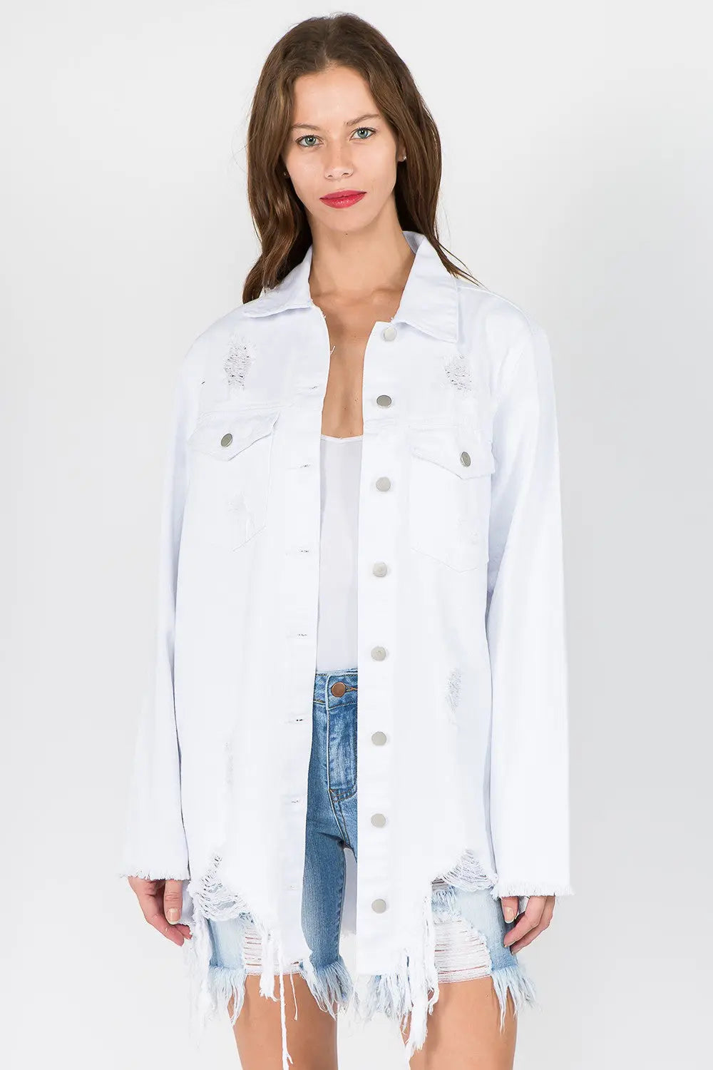 American Bazi Distressed Frayed Hem Denim Jacket - Beautifeye Boutique