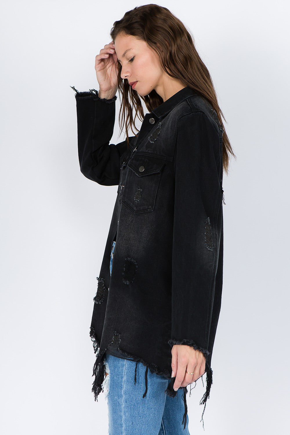Distressed Frayed Hem Denim Jacket - Beautifeye Boutique