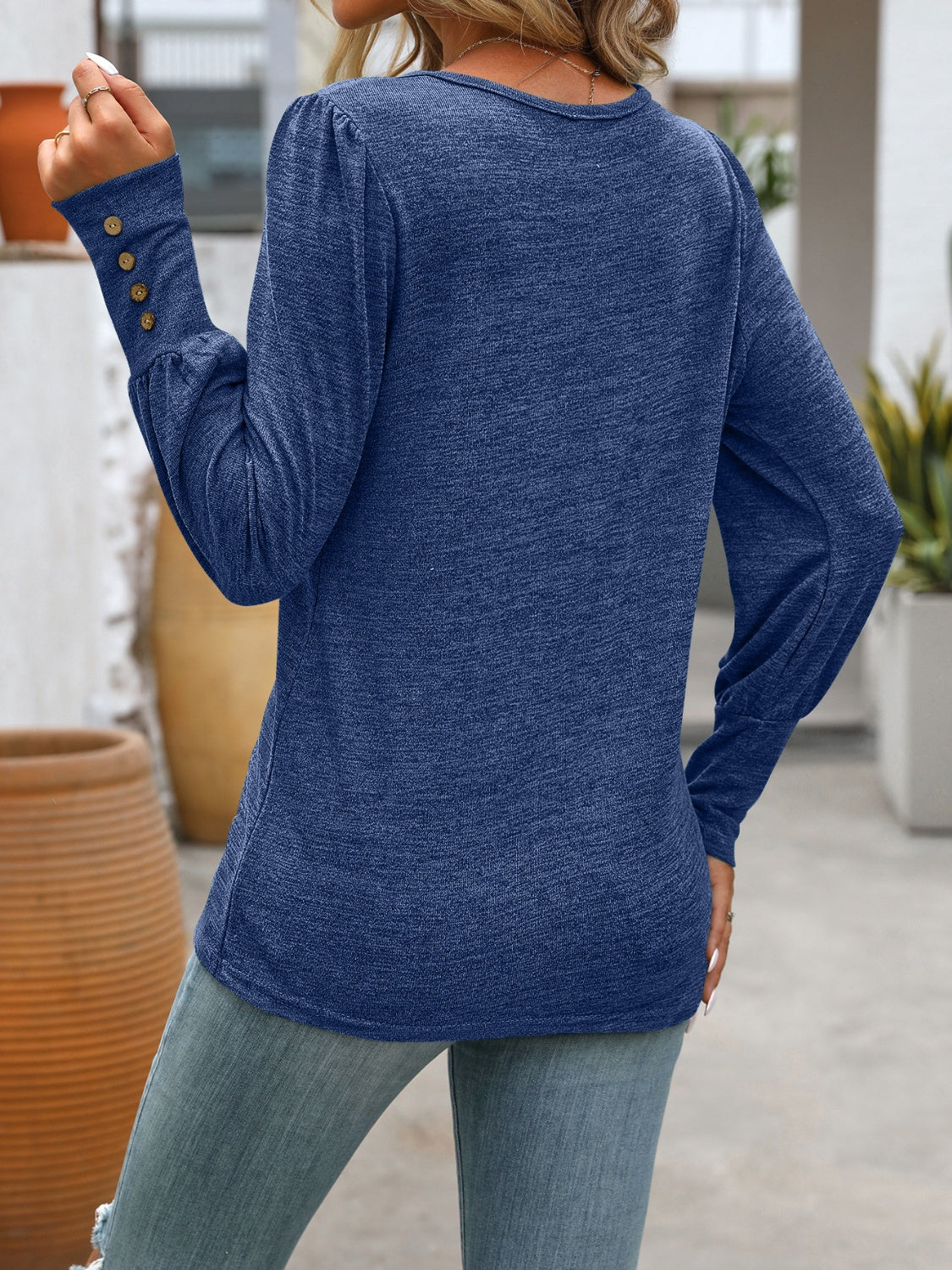 Decorative Button Round Neck Long Sleeve T-Shirt - Beautifeye Boutique