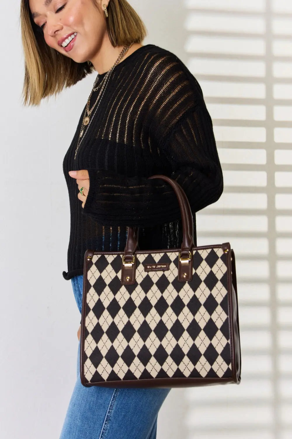 David Jones Argyle Pattern PU Leather Handbag - Beautifeye Boutique
