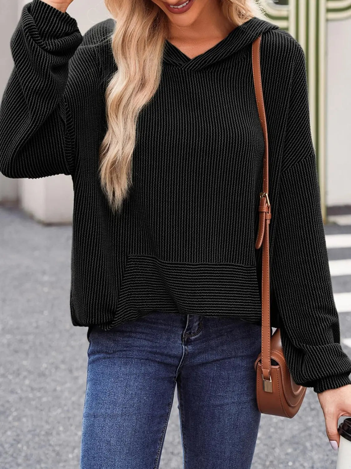 Double Take Textured Kangaroo Pocket Long Sleeve Hoodie - Beautifeye Boutique