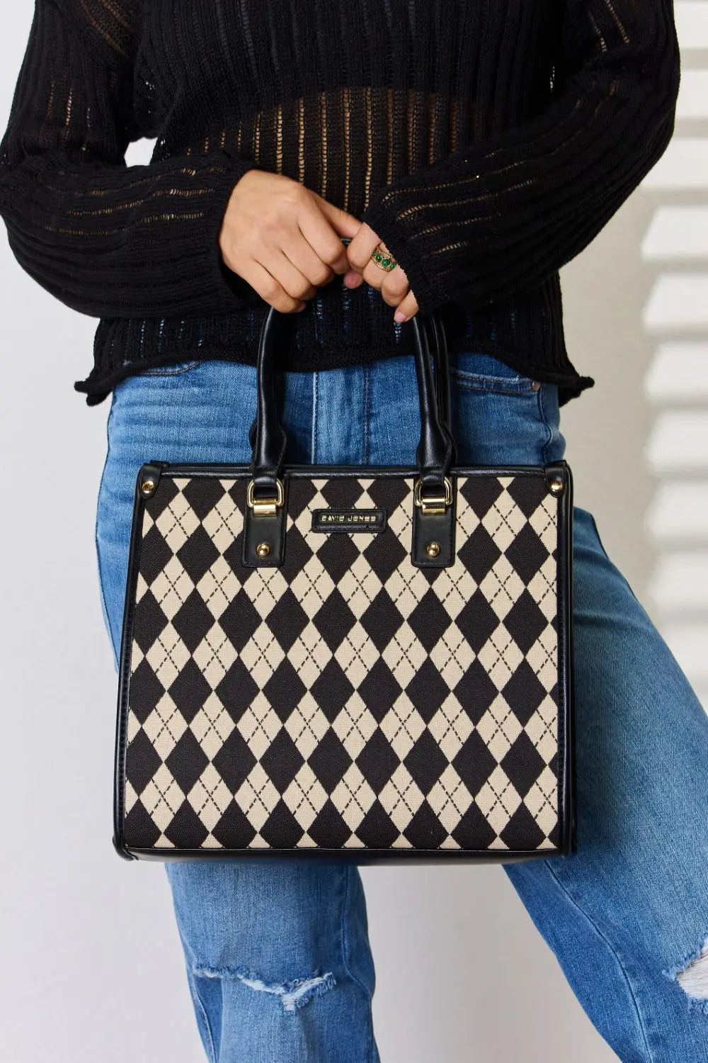 David Jones Argyle Pattern PU Leather Handbag - Beautifeye Boutique