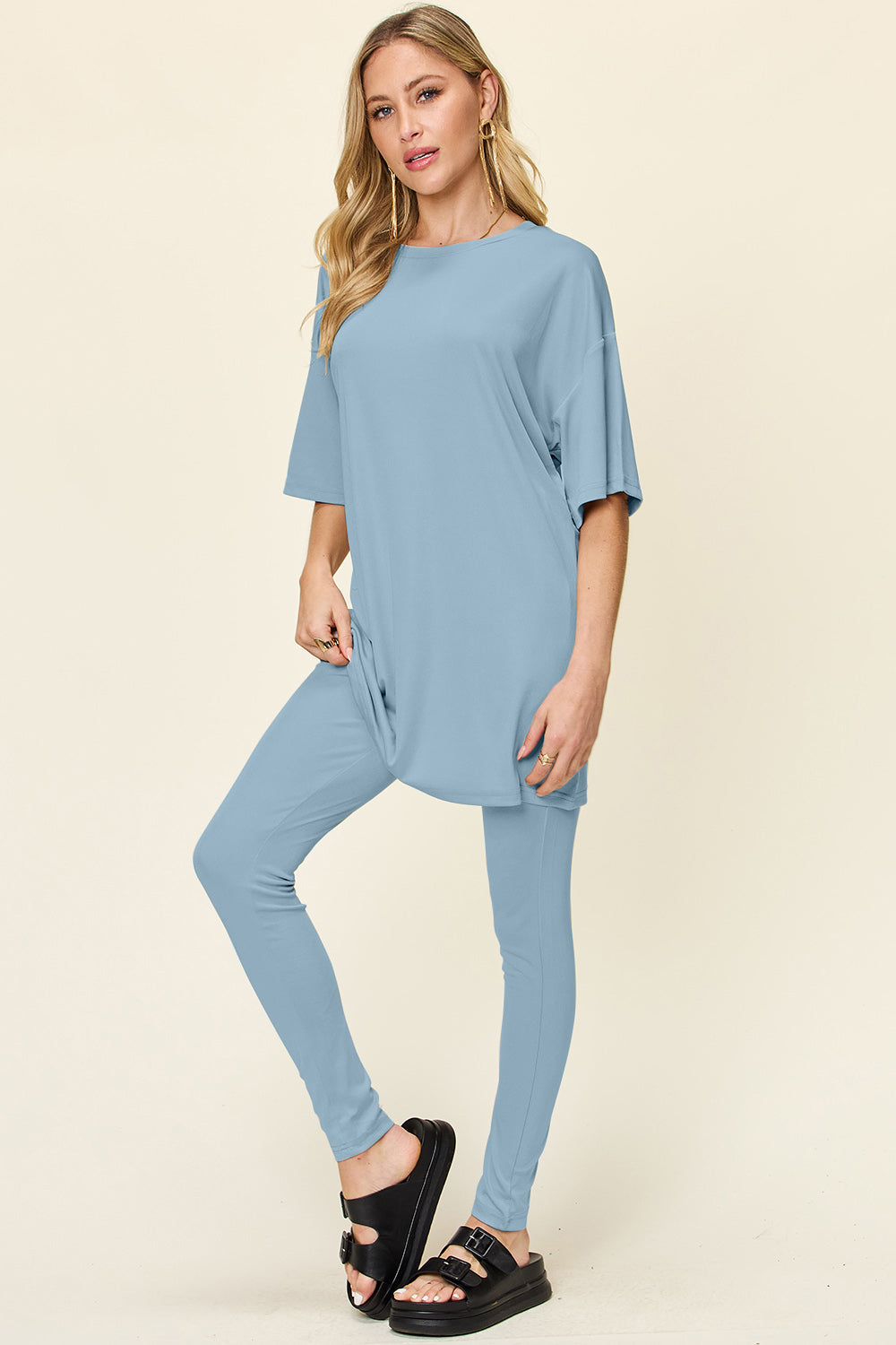 Double Take Full Size Round Neck Dropped Shoulder T-Shirt and Leggings Set - Beautifeye Boutique