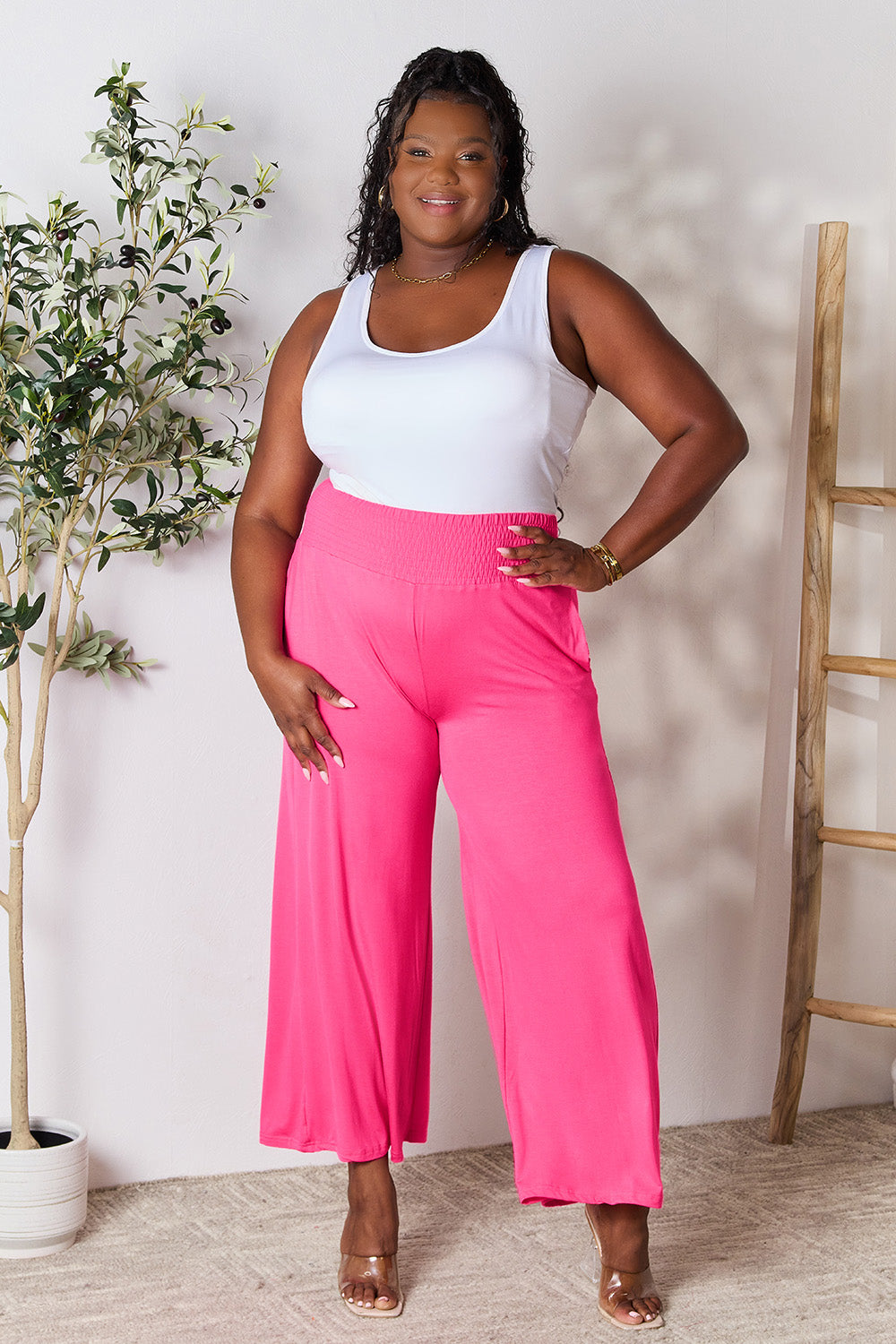 Double Take Full Size Smocked Wide Waistband Wide Leg Pants - Beautifeye Boutique