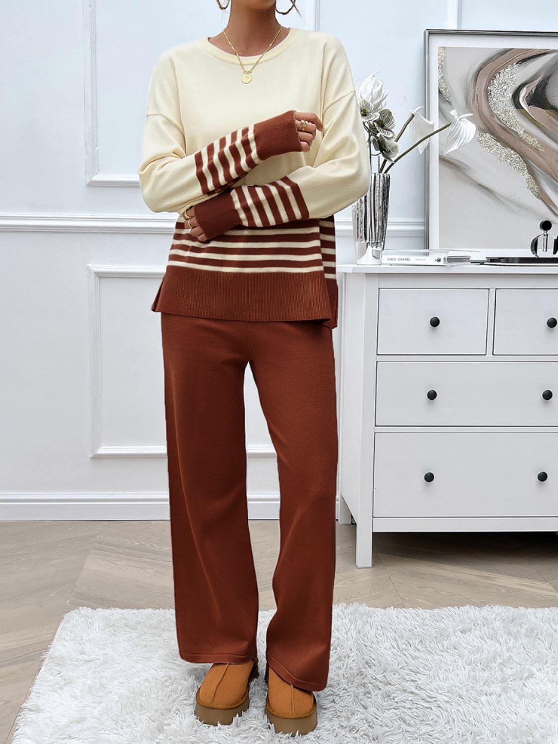 Devine Slit Striped Round Neck Top and Pants Sweater Set Trendsi