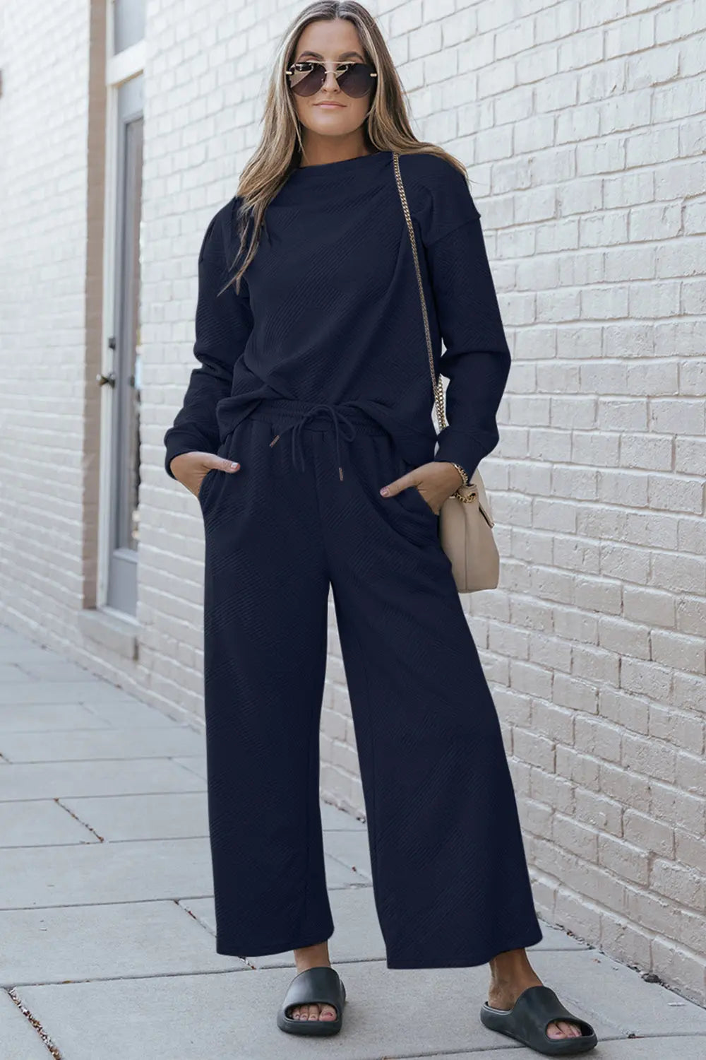 Double Take Full Size Textured Long Sleeve Top and Drawstring Pants Set - Beautifeye Boutique