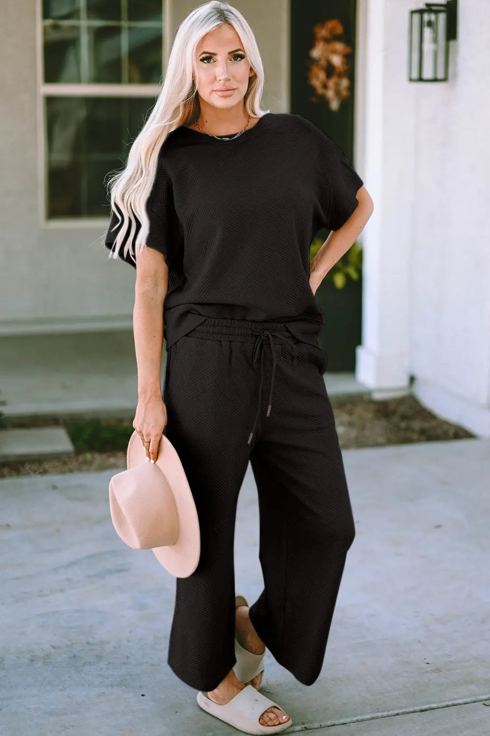 Double Take Full Size Texture Short Sleeve Top and Pants Set - Beautifeye Boutique