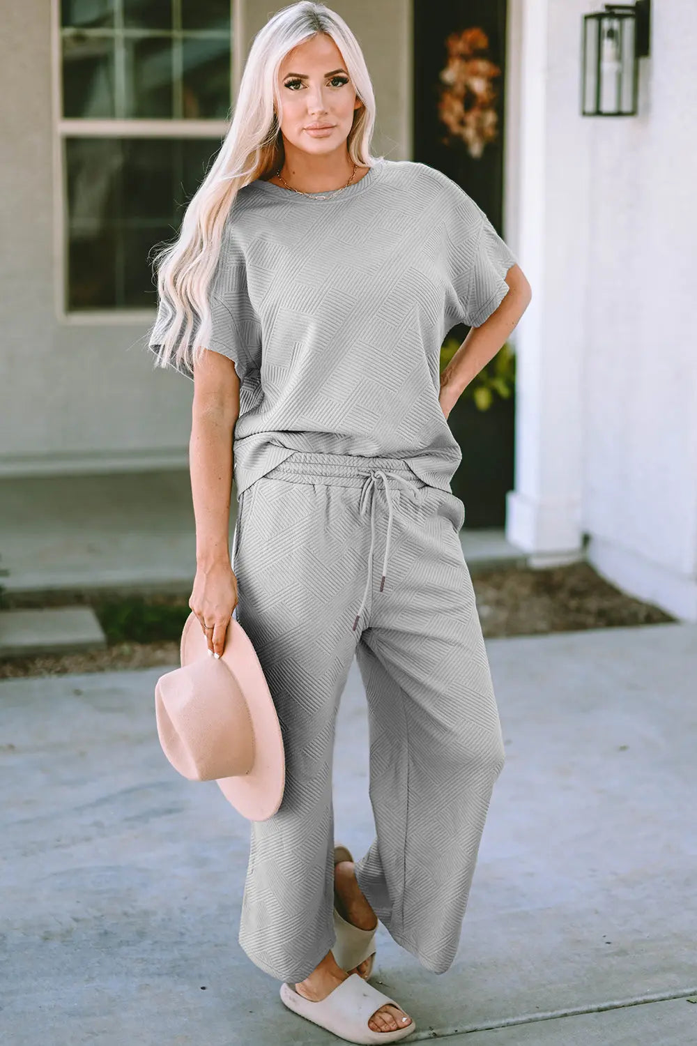 Double Take Full Size Texture Short Sleeve Top and Pants Set - Beautifeye Boutique