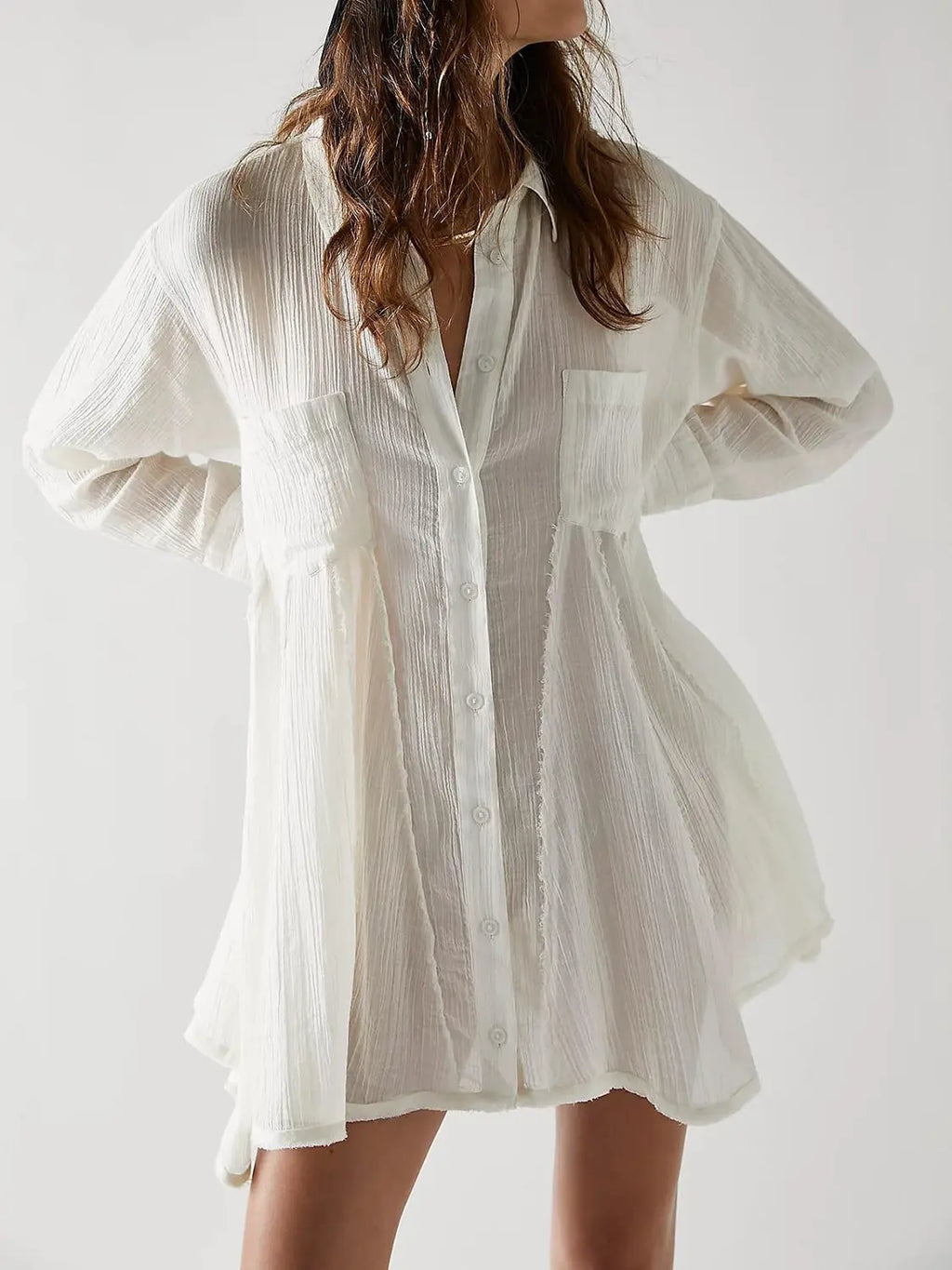 Button Up Collared Neck Long Sleeve Longline Shirt - Beautifeye Boutique