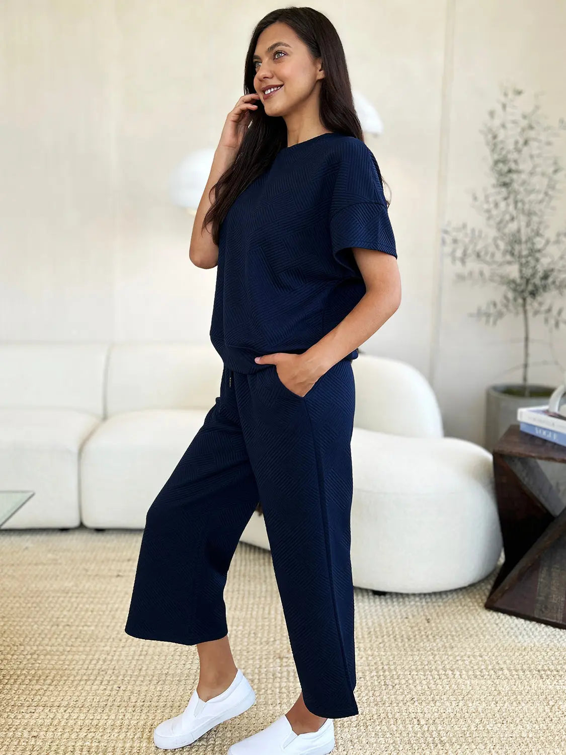 Double Take Full Size Texture Short Sleeve Top and Pants Set - Beautifeye Boutique