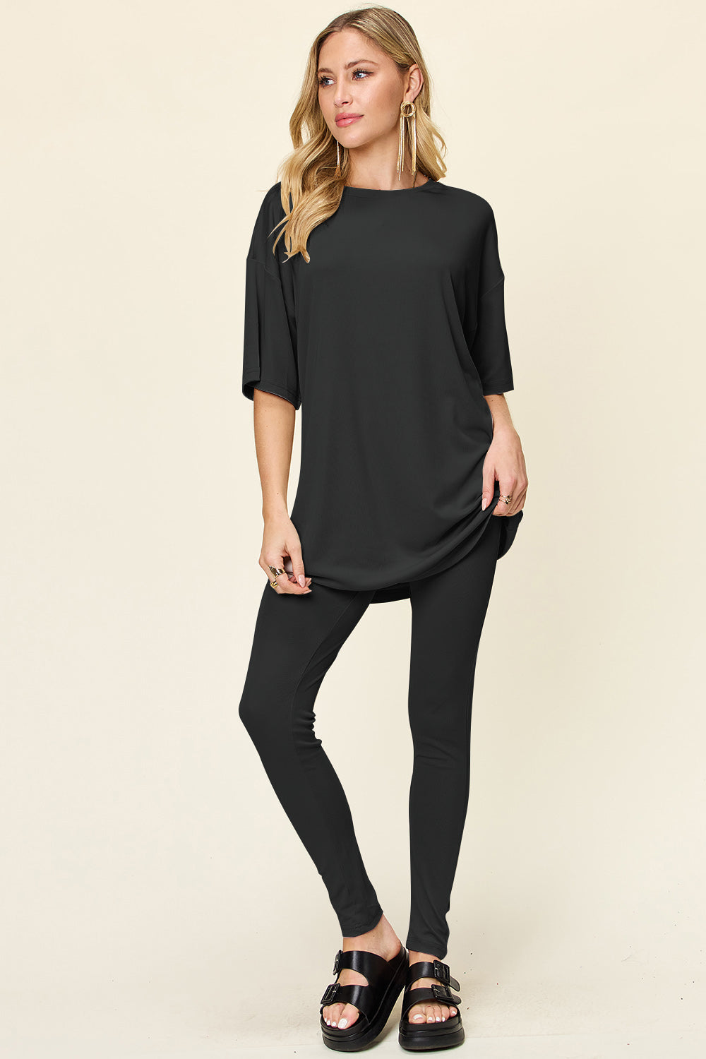 Double Take Full Size Round Neck Dropped Shoulder T-Shirt and Leggings Set - Beautifeye Boutique
